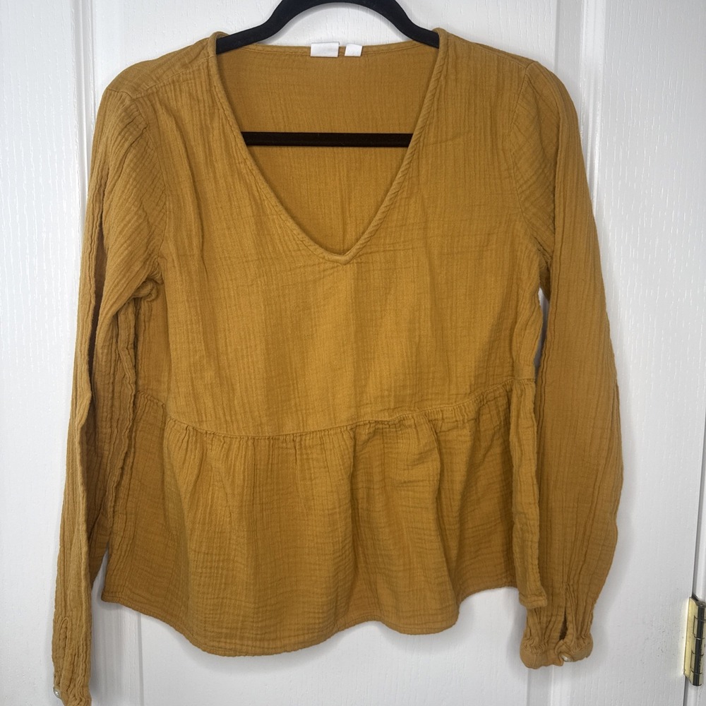 Gap Womens Small Mustard Crinkle Gauze Babydoll Top V Neck Long Sleeve Tiered